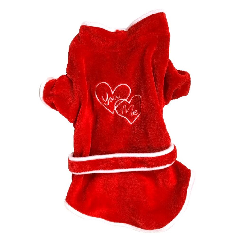 WOOF RED DOG/PET Valentine's Day Robe with Embroidered Hearts Size M